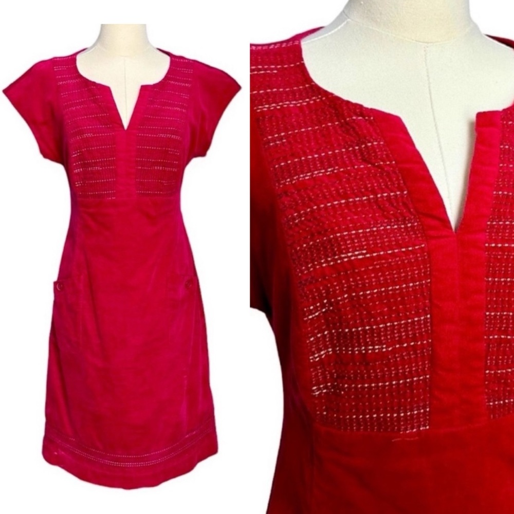 Boden Women’s Red Embroidered Corduroy Shift Dress size 4 regular - mod style